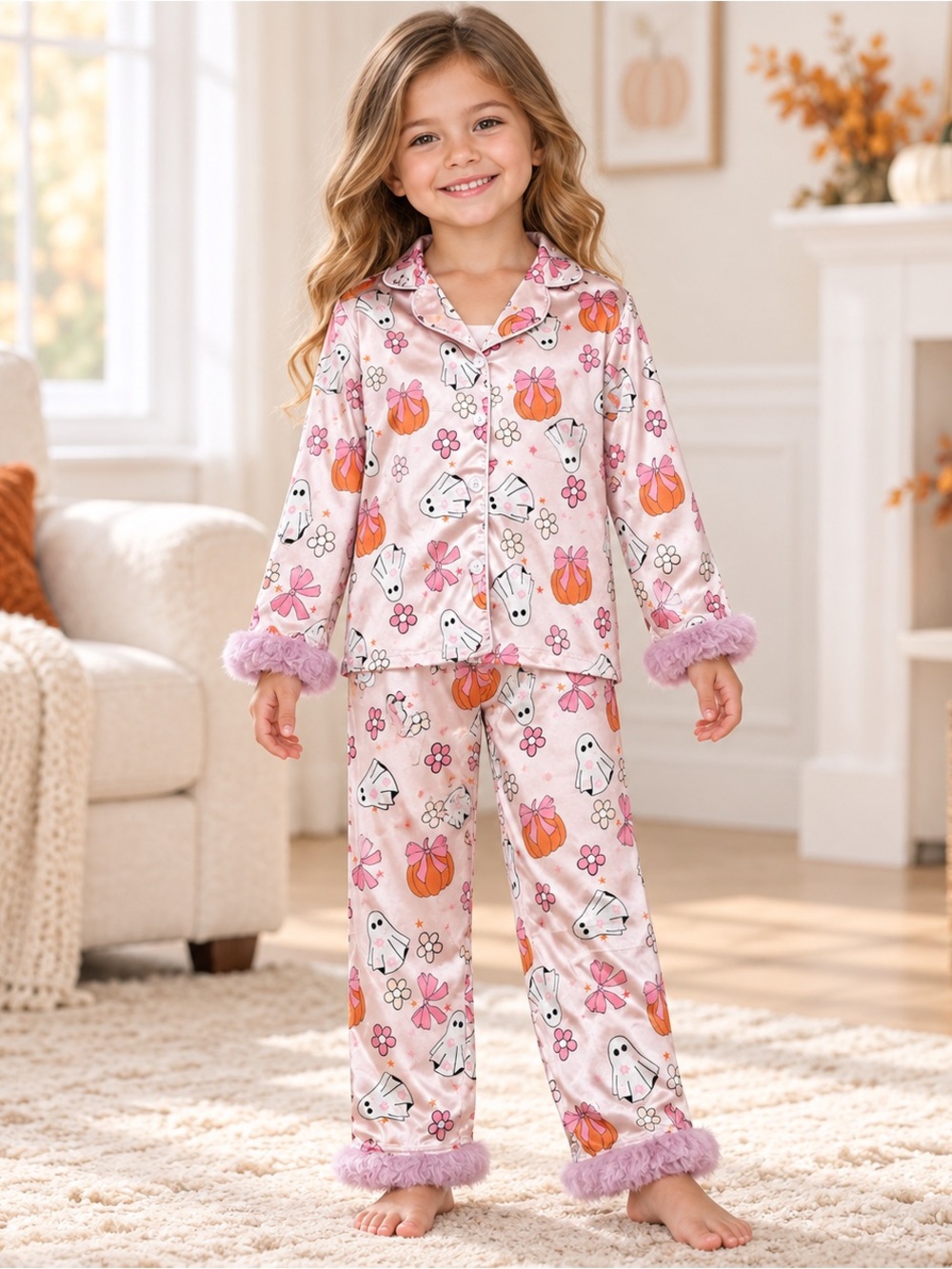 Girls Pink Satin Halloween Pajama Set Ghost Pumpkin Bow Fuzzy Trim Size 5–6Y